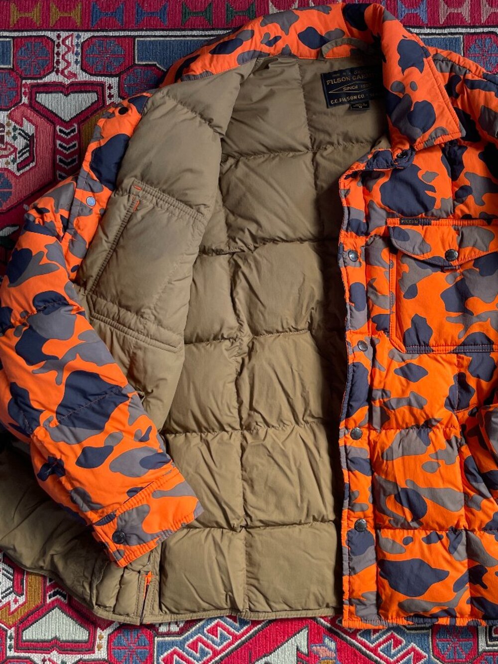 Filson down jac shirt medium blaze orange camo EUC